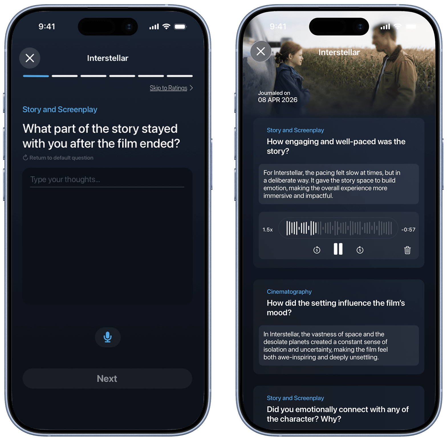 Betterboxd journaling screens on two iPhones