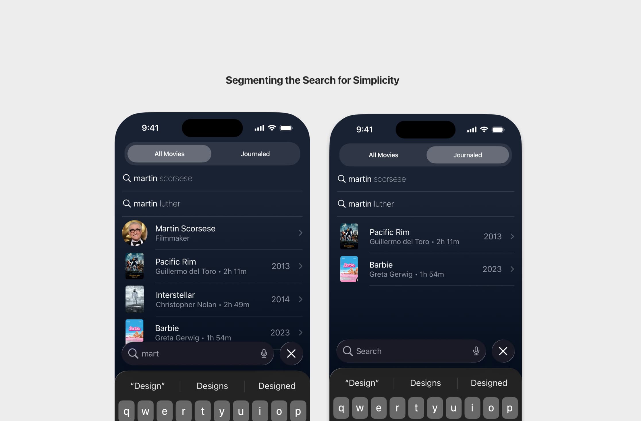 Betterboxd search interface showing All Movies and Journaled tabs