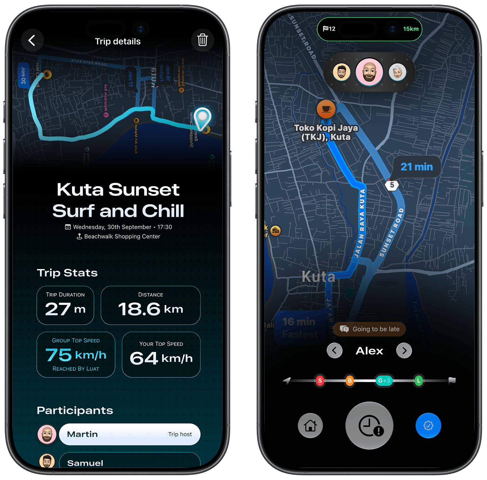 Omawe trip tracking screens on two iPhones